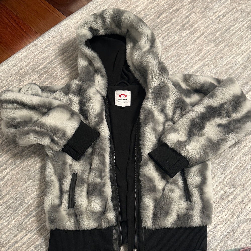 Appamam Gray Faux Fur Hooded Jacket with Black Trim